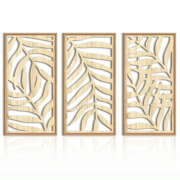 Framed Leaf Wall Art, 16X32Inch Wood Tropical Wall Decor Boho Palm Leaves Wall Sculptures For Living Room Bedroom Set Of 3
