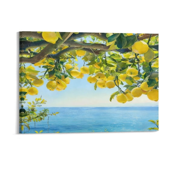 Framed Lemon Tree Canvas Wall Art for Kitchen, Coastal Mediterranean Fruit Painting with Ocean View, Yellow Lemon Branch Farmhouse Wall Decor, Ready to Hang, 12x16 12x18 16x20