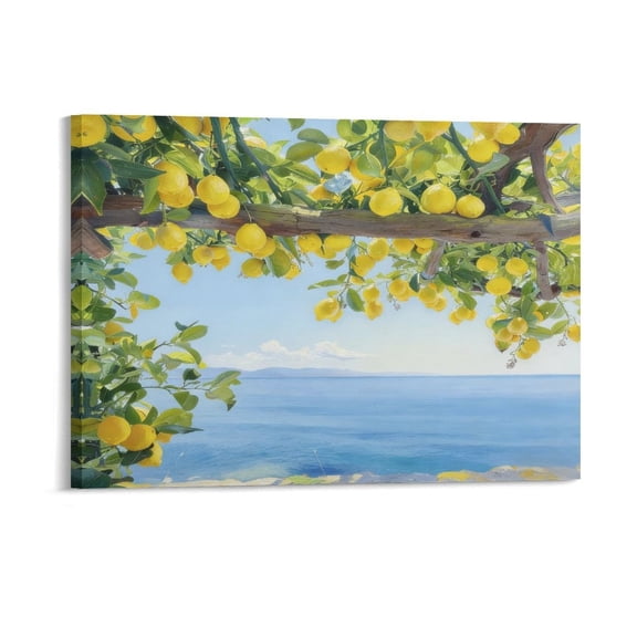 Framed Lemon Tree Canvas Wall Art for Kitchen, Coastal Mediterranean Fruit Painting with Ocean View, Yellow Lemon Branch Farmhouse Wall Decor, Ready to Hang, 12x16 12x18 16x20