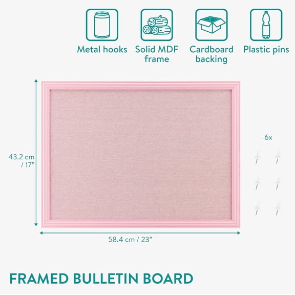 Framed Linen Bulletin Board - Approx. 58x43cm Fabric Jewelry Organizer Pinboard for Wall Memory Memo Pin Board - Pink Linen with Pink Frame