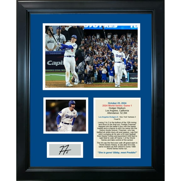 Framed Los Angeles Dodgers 2024 World Series Game 1 Freddie Freeman Walk Off Grand Slam Facsimile Laser Engraved Signature Auto 11"x14" Baseball Photo Sig Collage