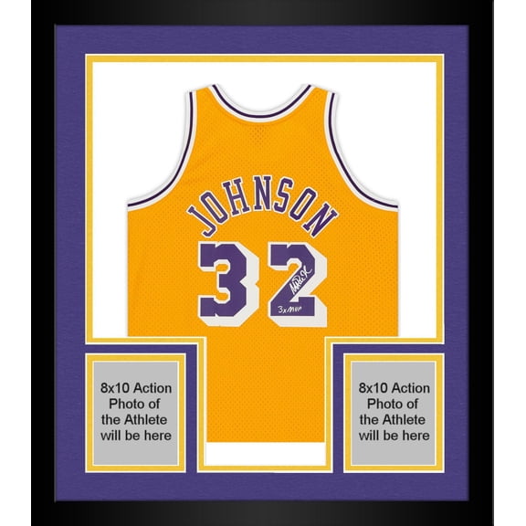 Framed Magic Johnson Los Angeles Lakers Autographed Gold 1984 Mitchell & Ness Replica Jersey with "3X NVP" Inscription - Fanatics Authentic Certified