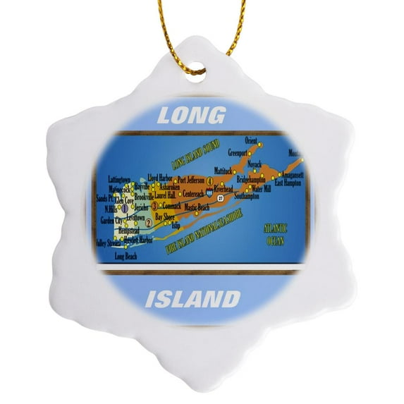 3drose, Framed Map of Long Island, 3 inch Snowflake Porcelain Ornament