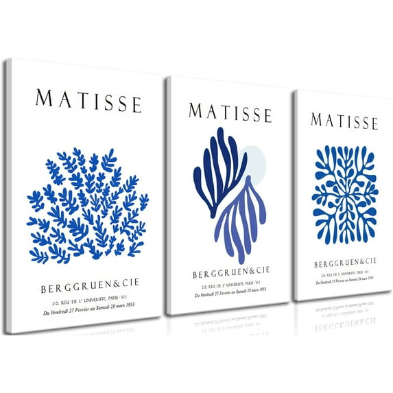 Framed Matisse Navy Blue Leaf Canvas Wall Art Print Poster 3 Pack Minimalist Flower Market Painting Stylish Picture Abstract Aesthetic Wall Decor Painting Living Room Bedroom Bathroom (Blue,