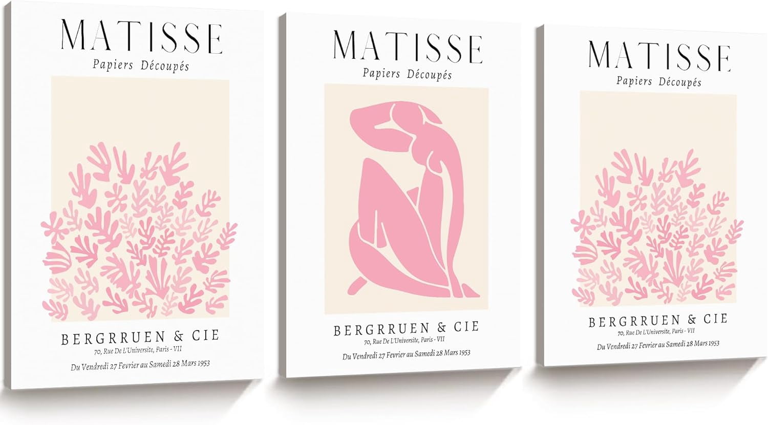 Framed Matisse Pink Wall Art Set of 3,Minimalist Canvas Wall Decor,Truly Quality Canvas Prints for 12x16IN,Art Poster Decoration for Bathroom,Bedroom