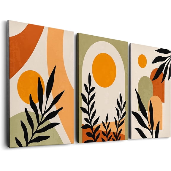 Framed Mid Century Boho Terracotta Modern Canvas Wall Art Trio Set of 3 Neutral Burnt Orange Geometric Abstract Wall Decor 3 Piece Minimalist Funky Green Wall Prints Leaves Tropical Sun Paintings for