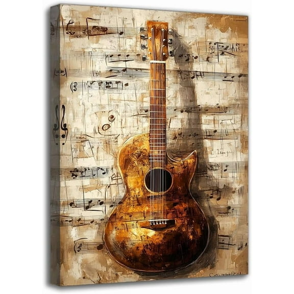 Framed Modern Music Theme Painting - Gitar With musical notes Print on Canvas, Ideal Wall Art For Music Lover, Wall Decor for Living Room Bar Office Club Shop Resturant (8W X 12L)