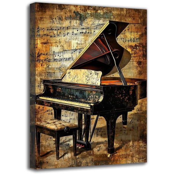 Framed Modern Music Theme Painting - Piano With musical notes Print on Canvas, Ideal Wall Art For Music Lover, Wall Decor for Living Room Bar Office Club Shop Resturant (8W X 12L)