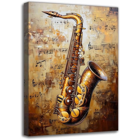 Framed Modern Music Theme Painting - Saxophone With musical notes Print on Canvas, Ideal Wall Art For Music Lover, Wall Decor for Living Room Bar Office Club Shop Resturant (8W X 12L)