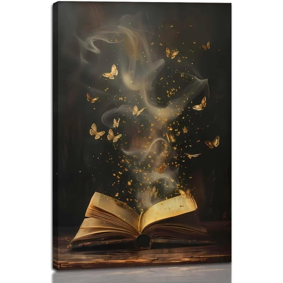 Framed Moody Victorian BookishCanvas Wall Art ，Artwork Vintage Dark Academia Bookish Decor Wall Art Print for Gallery Library Bookstore Decoration