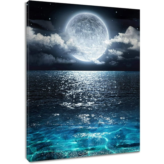 Framed Moon Over Ocean Canvas Wall Art Night Sky Full Moon White Cloud Painting Canvas Prints Wall for Living Room Bedroom Bathroom Home Decor Ready to Hang,12x16 inches