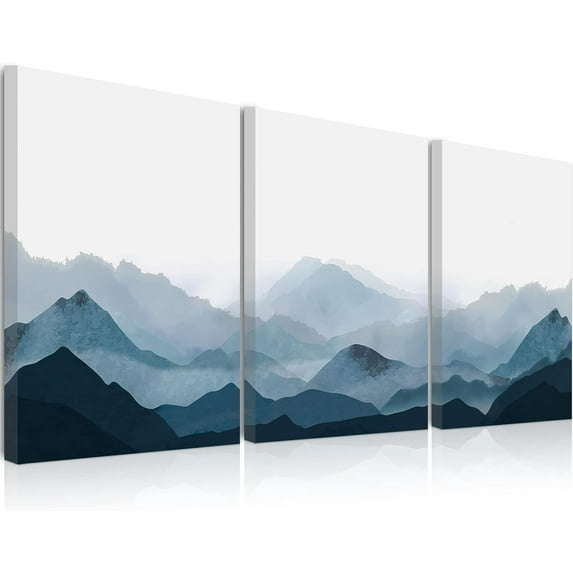Framed Mountain Canvas Wall Art 3 Piece Blue Fog Mountain Painting Wall Decor for Bedroom Living Room Office Decor 12x16 Inch
