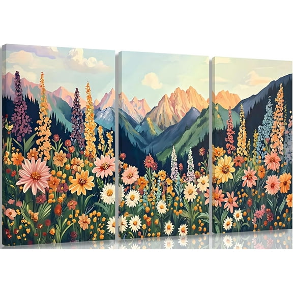 Framed Mountain Wildflower Wall Art Set of 3 Colorful Floral Landscape Canvas Prints with Daisy and Sunset Boho Botanical Nature Wall Decor for Living Room Bedroom Rustic Farmhouse12x16in