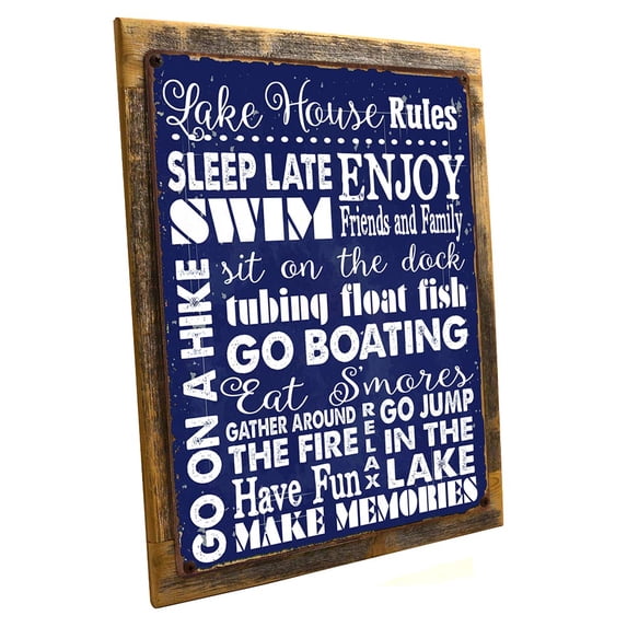 Framed Navy Blue Lake House Rules 9"x12" Metal Sign, Wall Decor for Farm and Country, Hand-Crafted from reclaimed materials