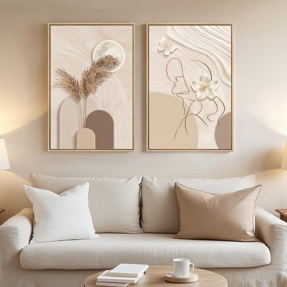 Framed Neutral Abstract Wall Art, Set of 2 Tan and Cream Beige Canvas Prints Paintings Artwork for Walls, Woman Silhouette Pictures for Living Room Dining Room Bedroom 16x24 Inch