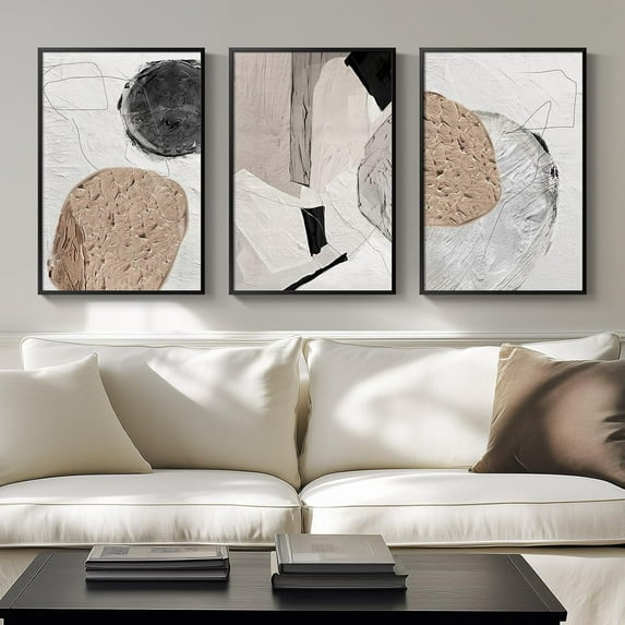 Framed Neutral Abstract Wall Art, Set of 3 Modern Canvas Prints Paintings Artwork for Walls, Minimalist Black and Beige Pictures for Living Room Hallway Stair Bedroom Office Wall Decor 16x24 Inch