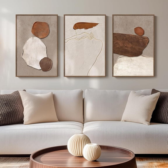 Framed Neutral Abstract Wall Art, Set of 3 Modern Canvas Prints Paintings Artwork for Walls, Minimalist Black and Beige Pictures for Living Room Hallway Stair Bedroom Office Wall Decor 16x24 Inch