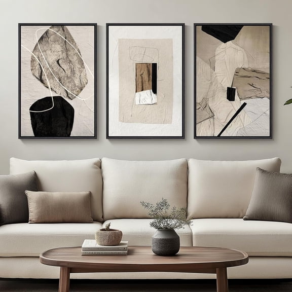 Framed Neutral Abstract Wall Art, Set of 3 Modern Canvas Prints Paintings Artwork for Walls, Minimalist Black and Beige Pictures for Living Room Hallway Stair Bedroom Office Wall Decor 16x24 Inch
