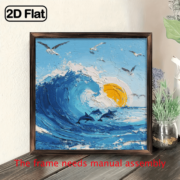 , Framed Ocean-Themed Blue Dolphin Wave Wall Art - Wood Frame Wrapped Canvas, Turquoise Navy Marine Mural for, Bedroom, Entryway - izable Size/Design.