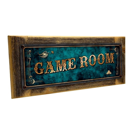 Framed, Outdoor Blue Game Room 4"x12" Metal Sign, Wall Décor for Mancave, Den, and Gameroom
