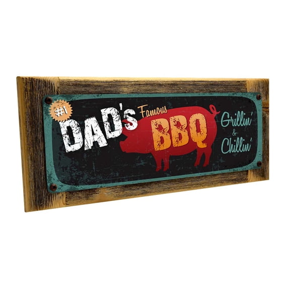 Framed, Outdoor Dad's Famous BBQ 4"x12" Metal Sign, Wall Décor for Porch, Patio, and Deck