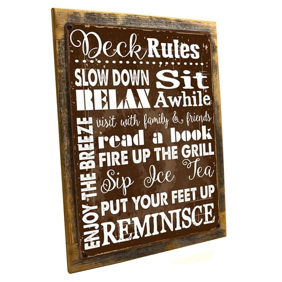 Framed, Outdoor Deck Rules Rules 9"x12" Metal Sign, Wall Decor for Kitchen and Dinning Room, Hand-Crafted from reclaimed materials