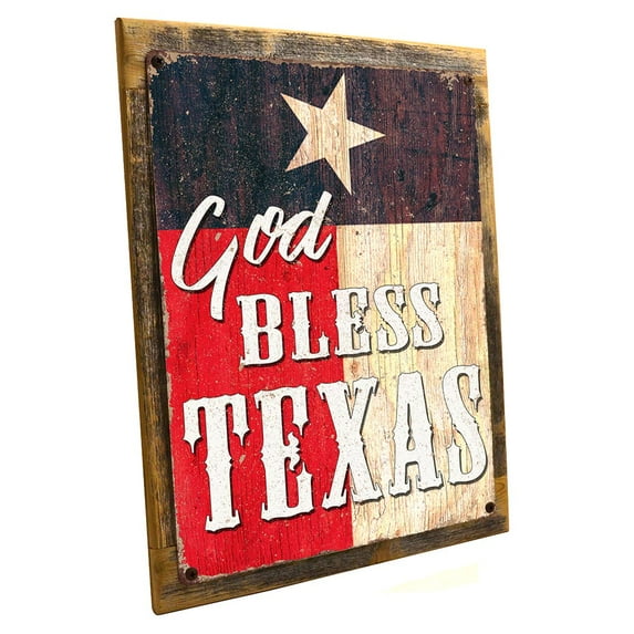 Framed, Outdoor God Bless Texas 9"x12" Metal Sign, Wall Decor for Office or Meeting Room, Hand-Crafted from reclaimed materials