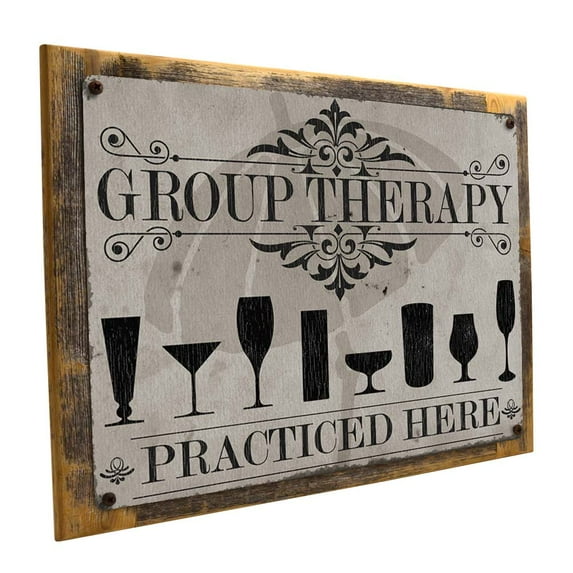 Framed, Outdoor Group Therapy Practiced Here Cocktails 9"x12" Metal Sign, Wall Decor for Vacation Home, Hand-Crafted from reclaimed materials