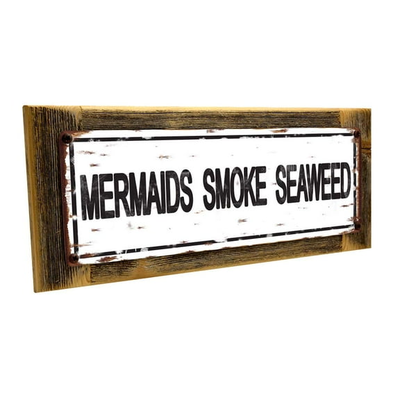 Framed, Outdoor Mermaids Smoke Seaweed 4"x12" Metal Sign, Wall Décor for Beach House