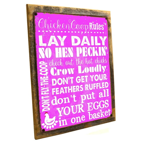 Framed, Outdoor Pink Chicken Coop Rules 9"x12" Metal Sign, Wall Decor for Porch, Patio, or Deck, Hand-Crafted from reclaimed materials