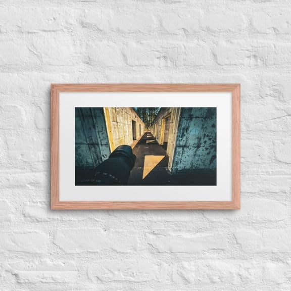 "Framed Perspectives" — Urban Exploration Art Framed Poster (Red Oak, 12″×18″)