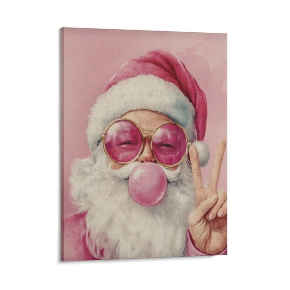 Framed Pink Christmas Santa Wall Art Decor, Funny Santa Blowing Bubble Canvas Poster,Holiday Home Decor for Living Room Office Farmhouse Christmas Decoration,Ready to Hang Christmas Art
