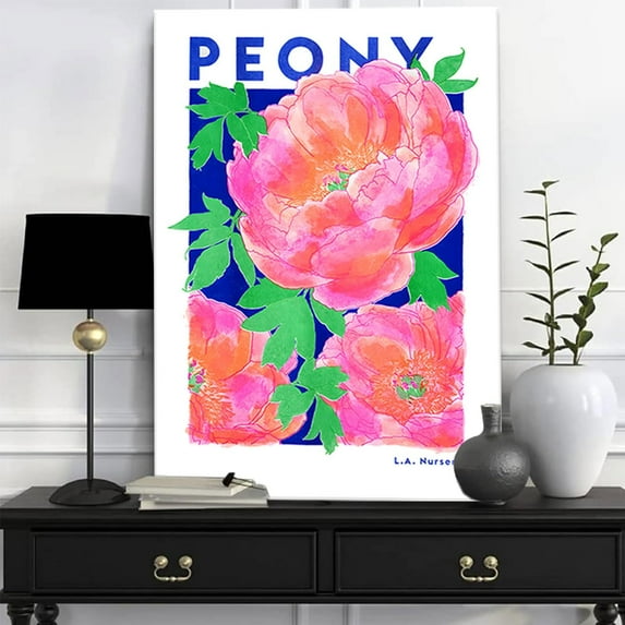 Framed Pink Flower Canvas Wall Art Vintage Peony Print Flower Poster Floral picture Wall Decor for Bathroom Bedroom Livingroom and Office (peony, 12"*16")