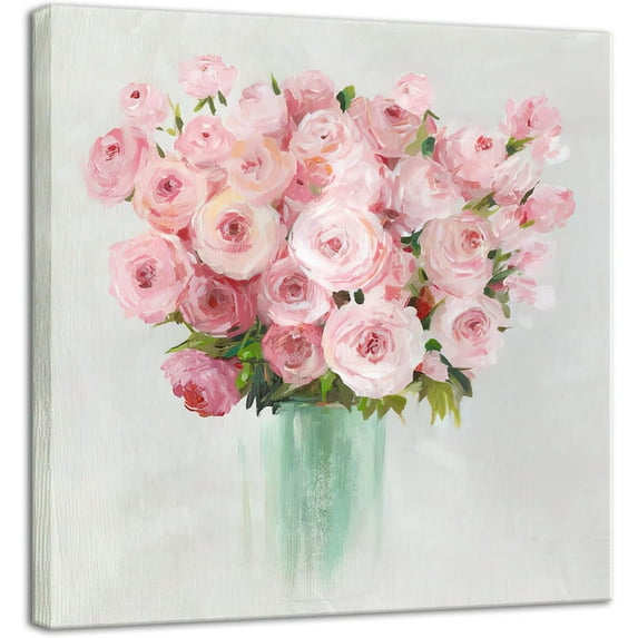 Framed Pink Flowers Canvas Prints Wall Art Roses in Vase Wall Decor Nature Rustic Woman Home Decor Painting Picture for Bathroom Bedroom Living Room Ready To Hang 12"X 12"