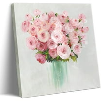 Framed Pink Flowers Canvas Prints Wall Art Roses in Vase Wall Decor Nature Rustic Woman Home Decor Painting Picture for Bathroom Bedroom Living Room Ready To Hang 12"X 12"