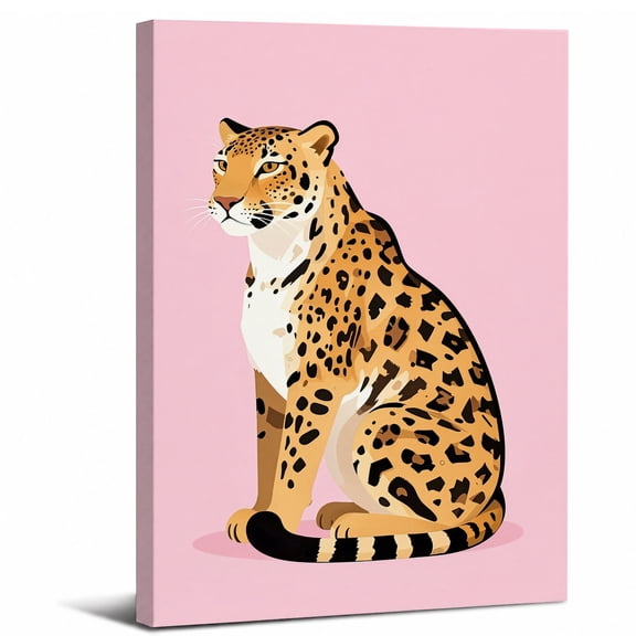Framed Pink Leopard Canvas Wall Art Decor,Cute Cheetah Sitting on Pink Background Landscape abstract canvas print for bathroom bedroom living room
