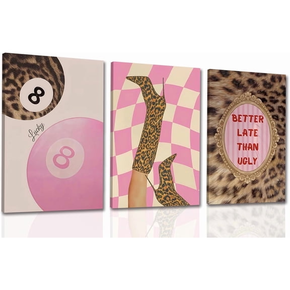 Framed Pink Leopard Print Wall Art Set of 3, Trendy Fashion Lucky 8 Ball Canvas Posters Painting, Coquette Preppy Aesthetic Y2K Funky Wall Decor Picture for Bedroom Apartment Living Room 12x16 inch