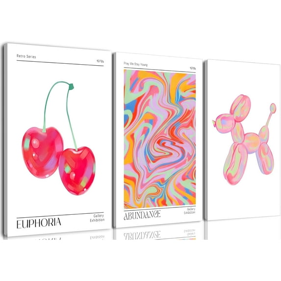 Framed Pink Preppy Wall Art Set of 3 Trendy Cute Balloon Dog Cherry Posters Abstract Aura Canvas Prints Modern Colorful Painting Retro Pop Art Decor Positive Picture for Living Room Bedroom 12x16in