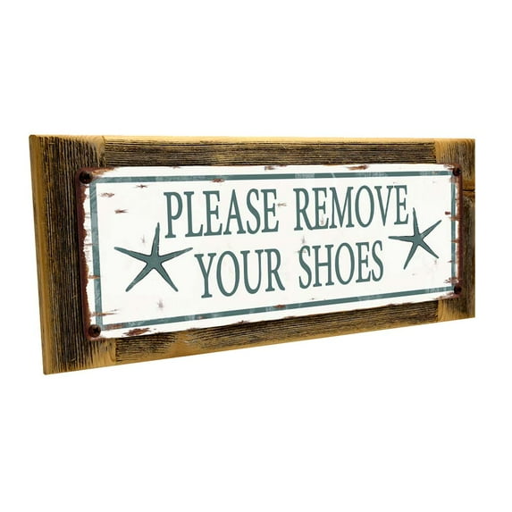 Framed Please Remove Your Shoes 4"x12" Metal Sign, Wall Décor for Beach House