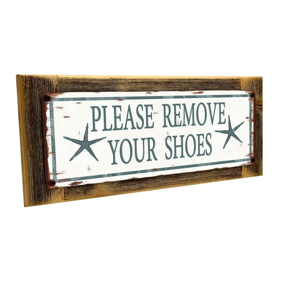 Framed Please Remove Your Shoes 4"x12" Metal Sign, Wall Décor for Beach House