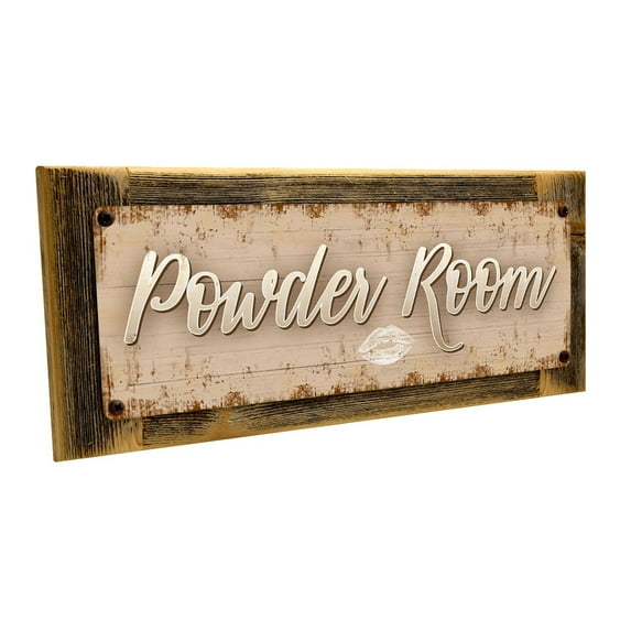 Framed Powder Room 4"x12" Metal Sign, Wall Décor for Bath and Laundry