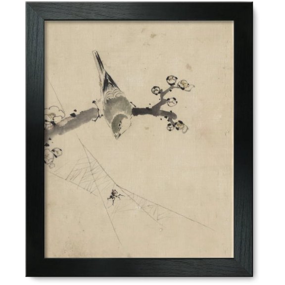 Framed Print: A Bird Perched On A Tree Branch With Blossoms, Watching A Spider On