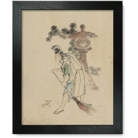 Framed Print: A Man Sweeping Pine Needles That Have Fallen From A Tree Near A
