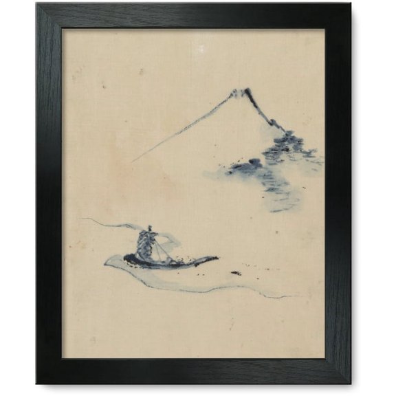 Framed Print: A Person In A Small Boat On A River With Mount Fuji In The