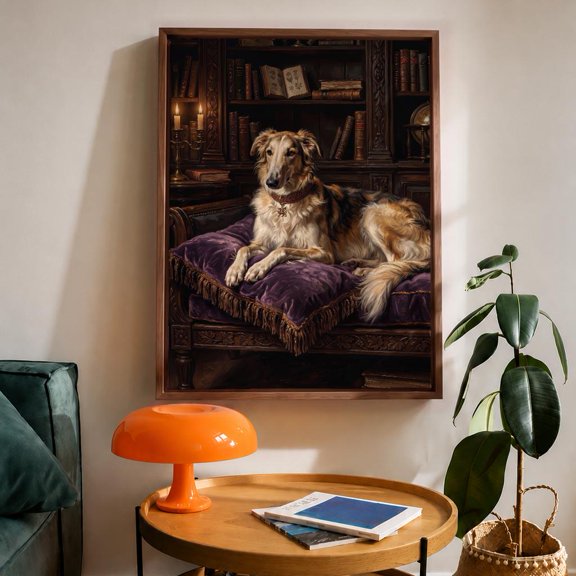 Framed Print, Borzoi Dog Portrait, Vintage Library Wall Decor, Poster Only