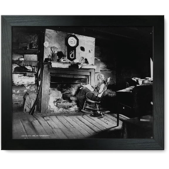 Framed Print: Elderly Man, Seated In Front Of Fireplace, With Clock Above