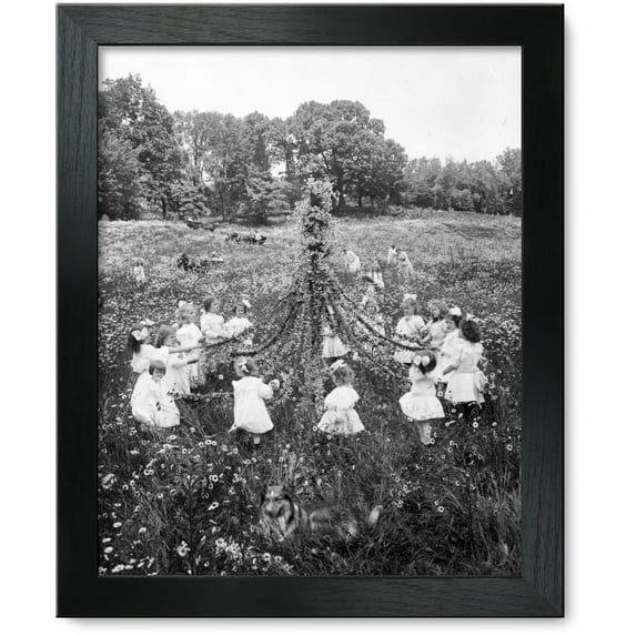 Framed Print: Little Girls, With May Pole, And Dog In Field Of Wildflowers, 1905