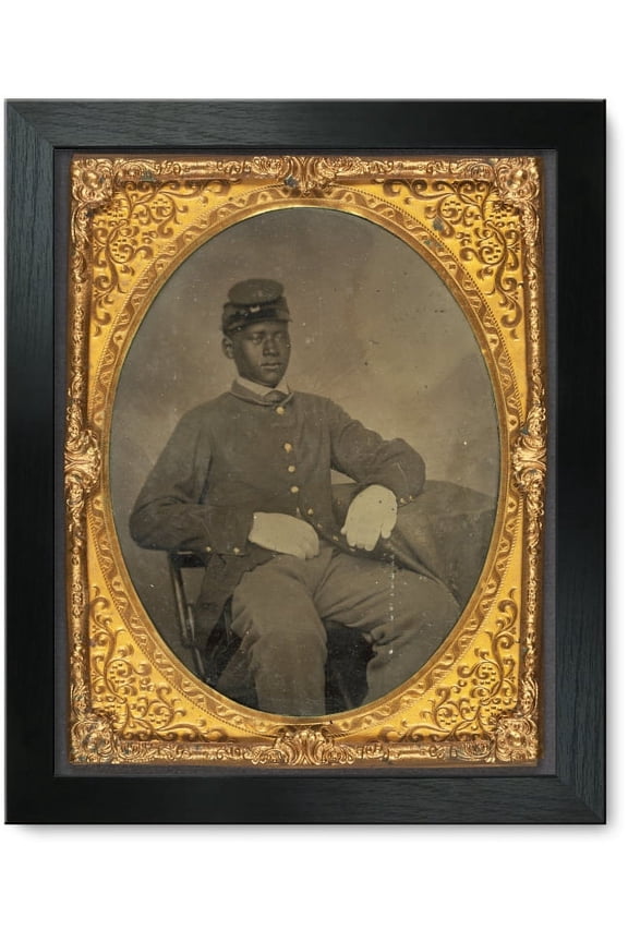 Framed Print: Seated Black Soldier, Frock Coat, Gloves, Kepi, circa 1860