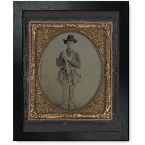 Framed Print: Unidentified Soldier In Uniform With Musket, Canteen, Cup, And