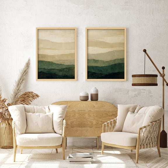 Framed Print Wall Art Set of 2 - Abstract Mountain Range Landscape Poster Art - 2 Pieces Nature-Inspired Boho Wall Decor for Living Room - 12"x16"x2 Natural